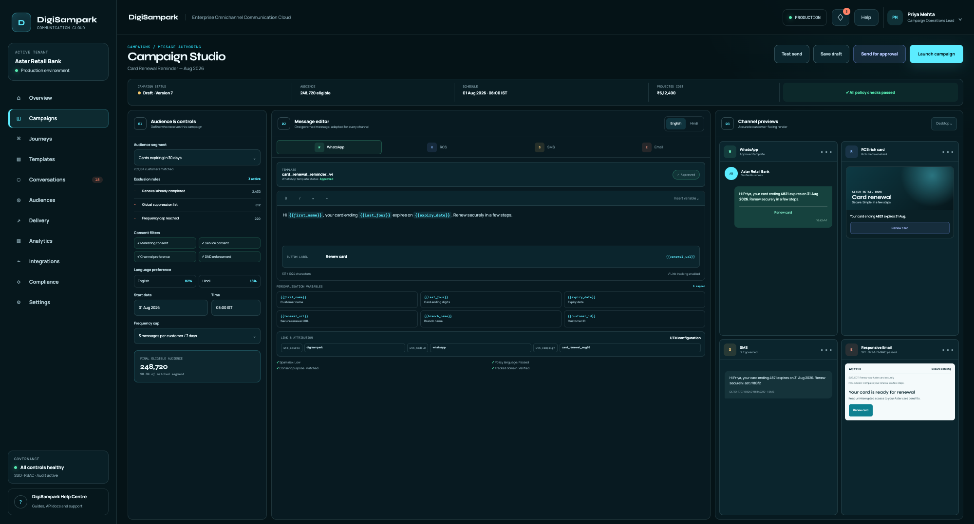 DigiSampark omnichannel campaign authoring studio with channel previews