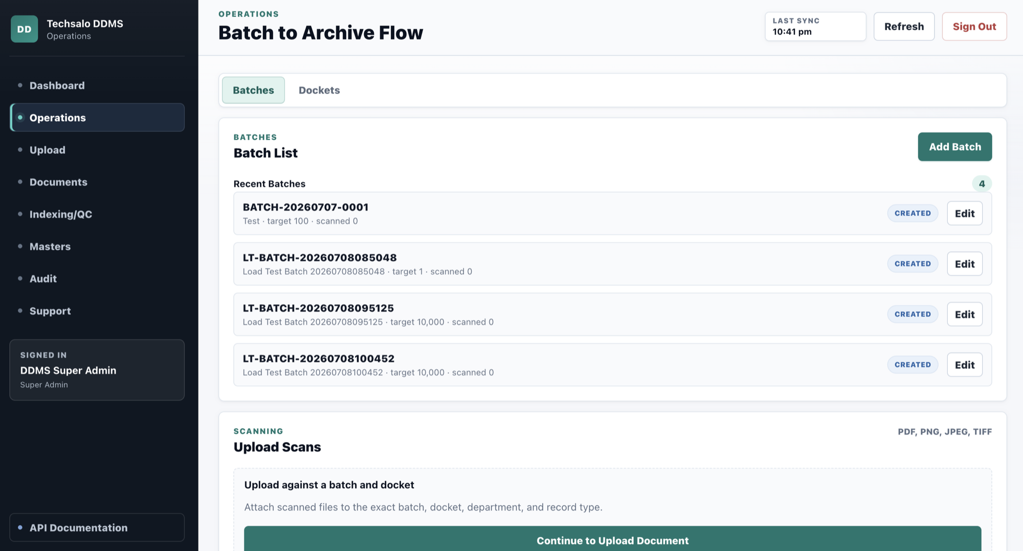 eDastavez batch-to-archive operations screen