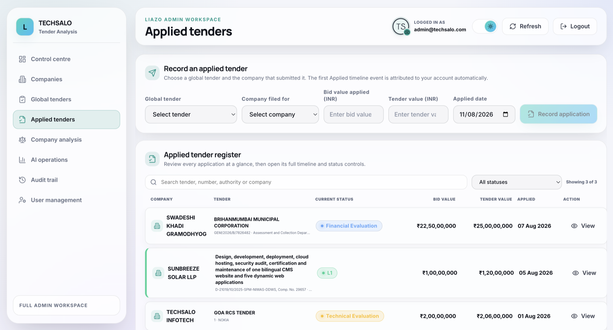 Tender Analyser applied tender register
