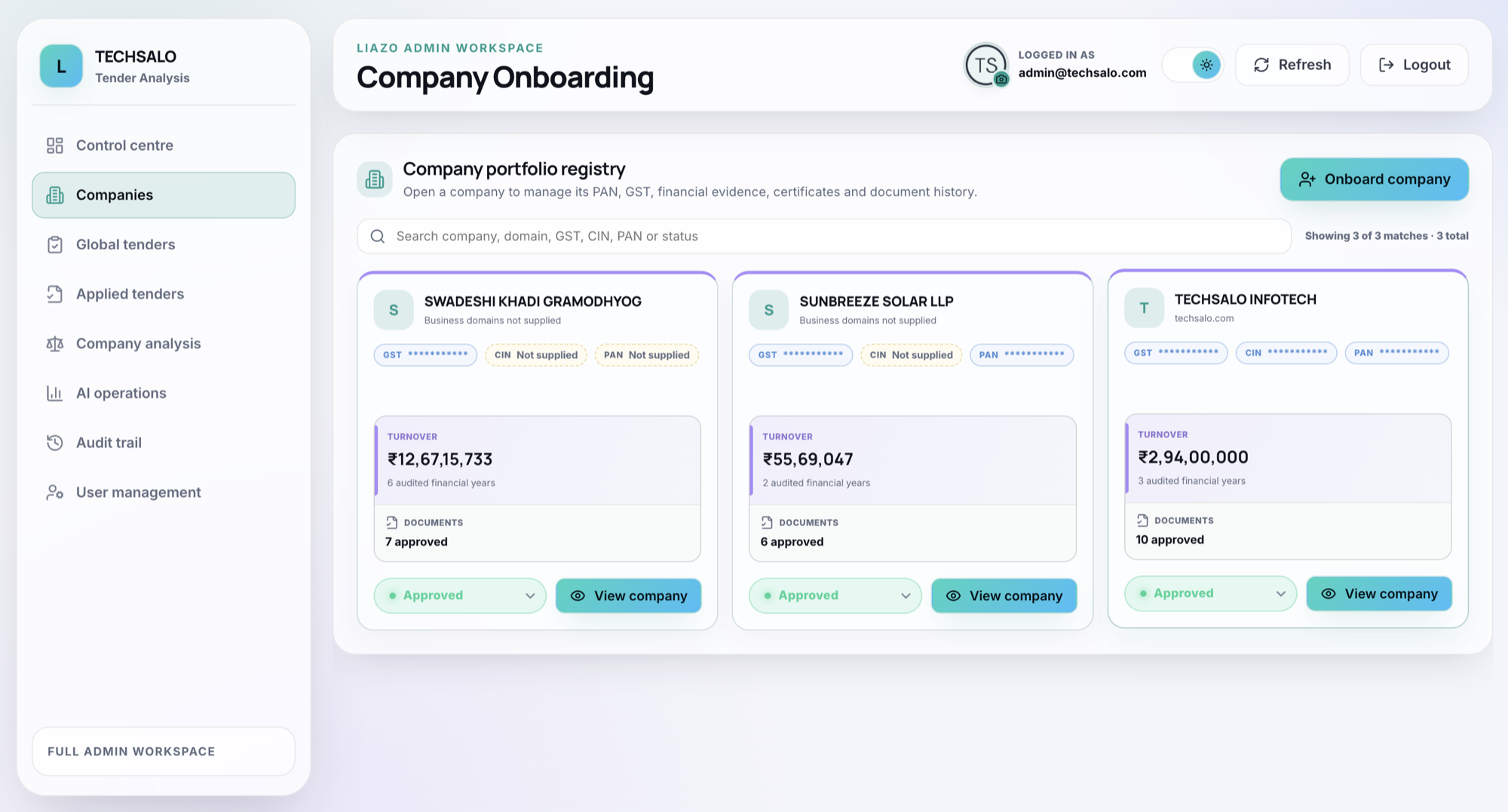 Tender Analyser company portfolio registry